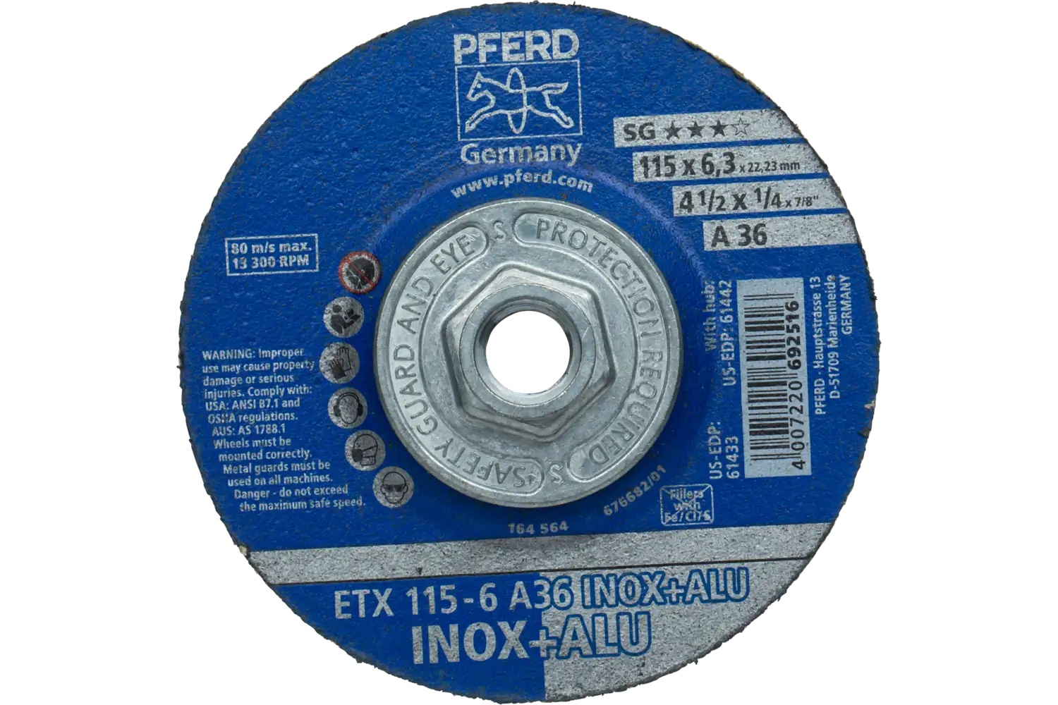 Picture of Pferd Textile Wheel For Angle Grinders, 4-1/2" X 1/4 X 5/8-11, 36 Grit, T27, Aluminum Oxide